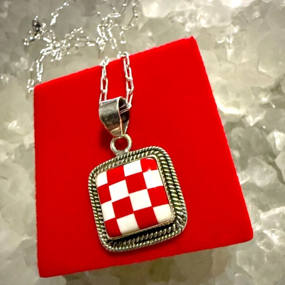 NWOT Handmade Sterling Silver Red & White Checkered Pendant - Picture 1 of 2